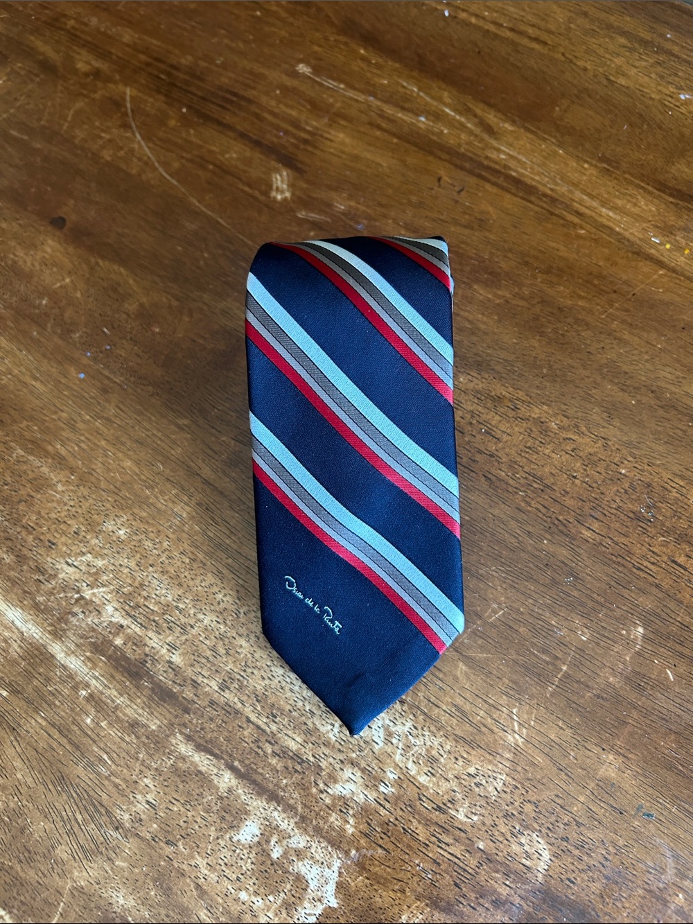 Oscar de La Renta Men's Navy Striped Silk Tie with Red & Light Blue Accents